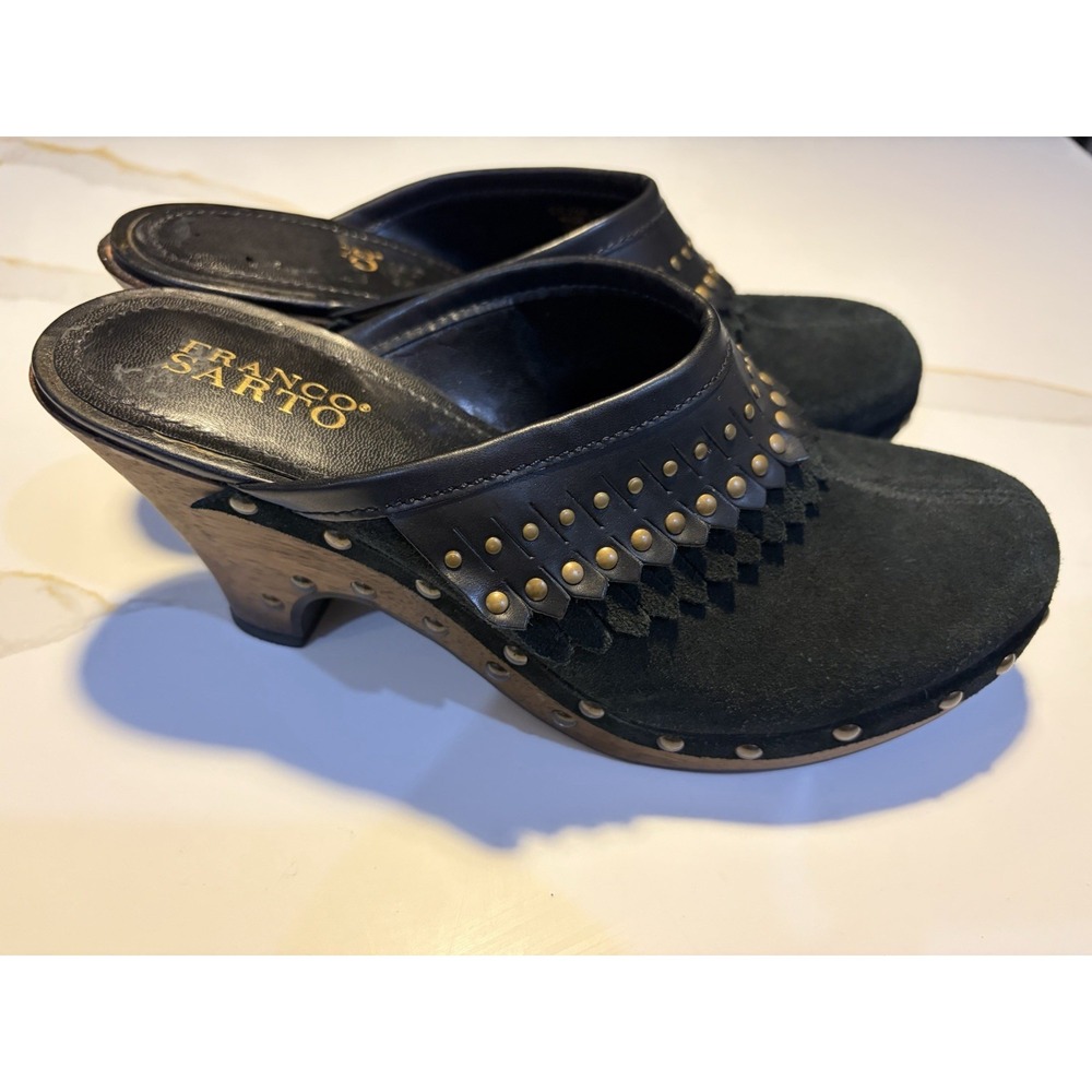 Franco Sarto Black Suede Studded Fringe Clog Mules Boho Western Women's Size 9M